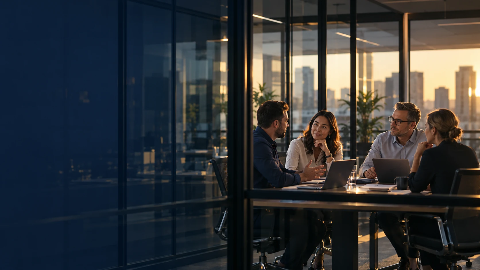 Business team meeting around a table in a glass-walled office at golden hour